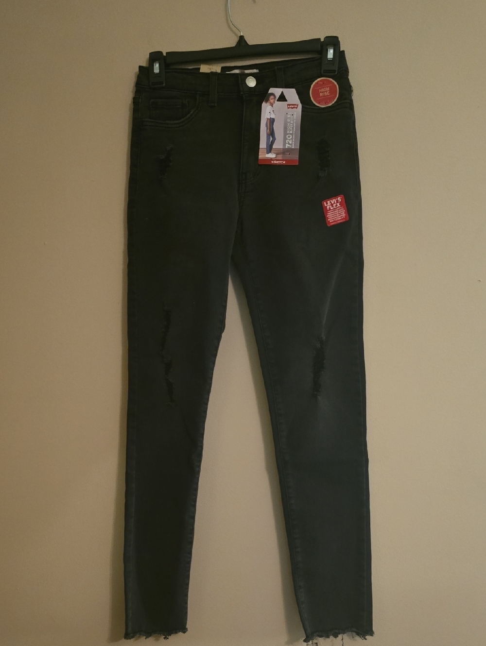 New Levi's‎ 720 Girls Size 14 High-Rise Super Skinny Distressed Black Jeans
